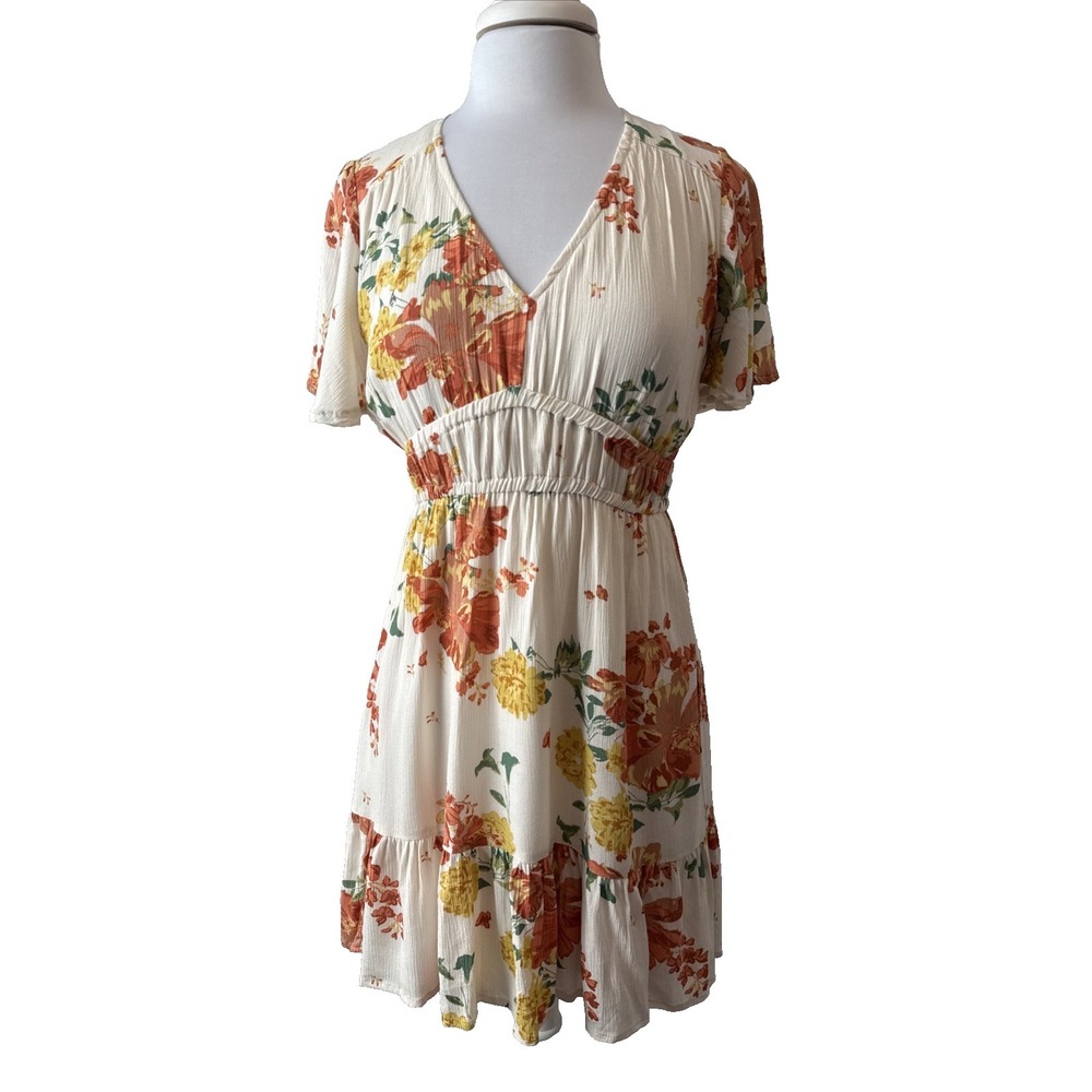 Cottagecore Boho Sheer Floral Ruffle Crinkle Empire Waist Dress Womens S Prairie